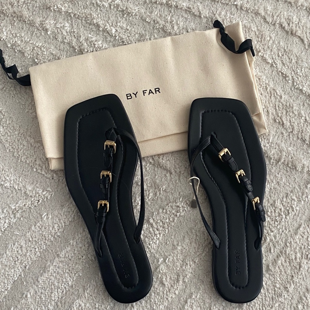 BY FAR Black Sandals with Gold Accents